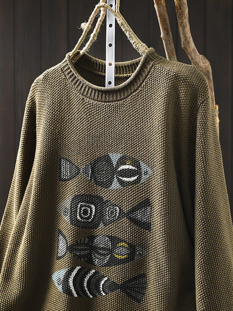 Women Autumn Artsy Fish Print O-Neck Sweater