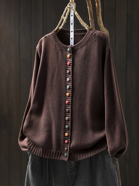 Women Autumn Artsy Colorful Button O-Neck Knit Sweater