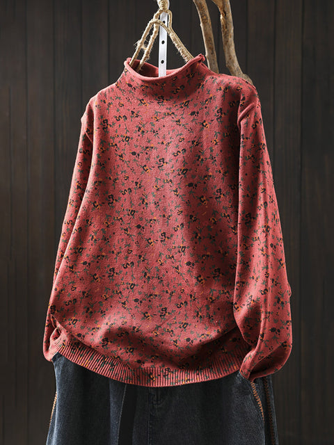 Women Autumn Artsy Floral Half-Turtleneck Knit Sweater