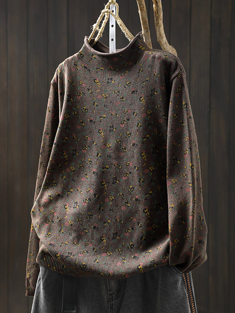 Women Autumn Artsy Floral Half-Turtleneck Knit Sweater