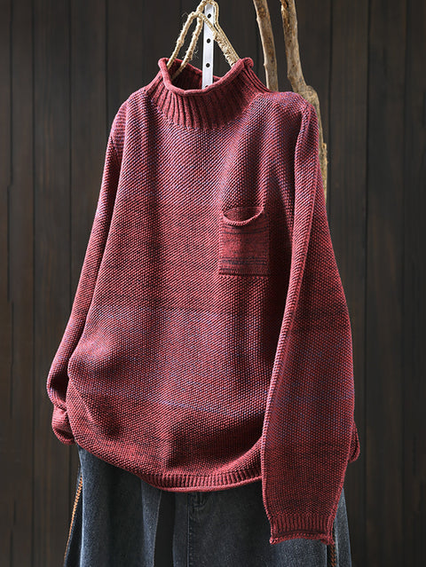 Women Autumn Casual Colorblcok Half-Turtleneck Sweater