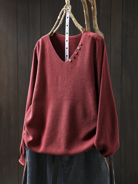 Maglione a V casual da donna autunno colore puro