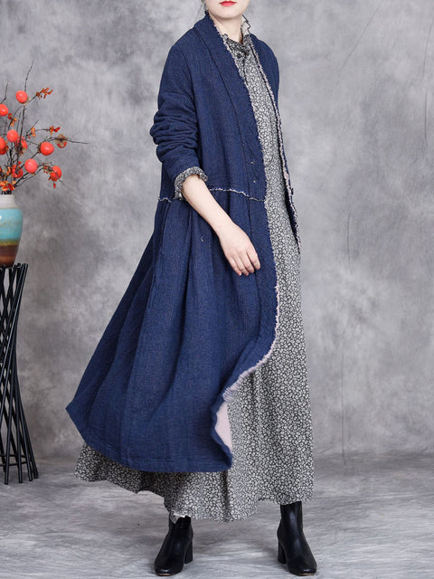 Women Autumn Ethnic Solid Linen Raw-edge Long Coat