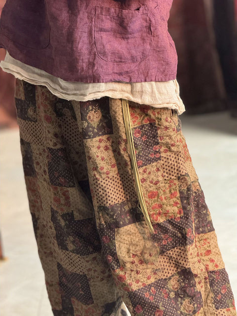 Pantaloni a gamba larga in lino a quadri vintage primaverili da donna