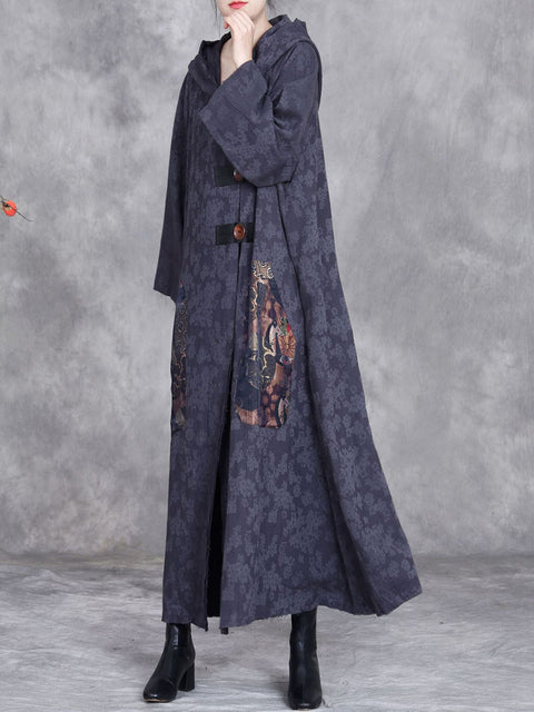 Women Autumn Retro Linen Jacquard Hooded Coat