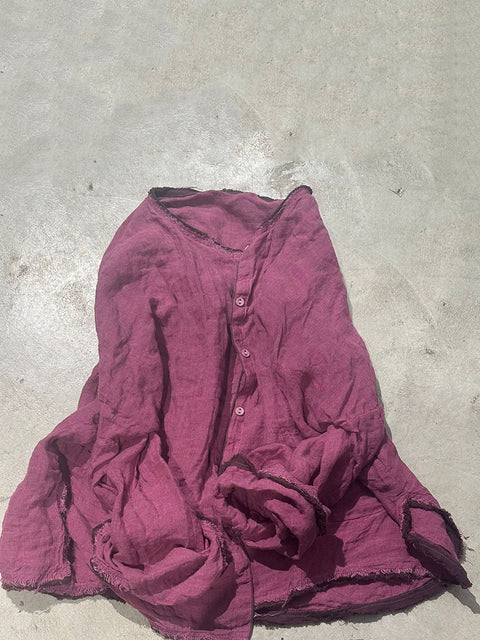 Camicia da donna in lino tinta unita con scollo a V e bordo grezzo primaverile