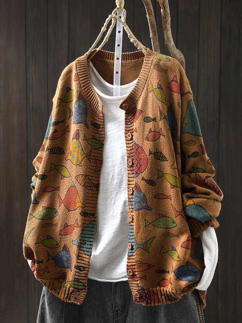 Women Autumn Fish O-Neck Cotton Cardigan Sweater