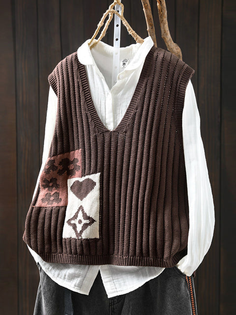 Gilet da donna con scollo a V e motivo floreale casual primaverile colorblock