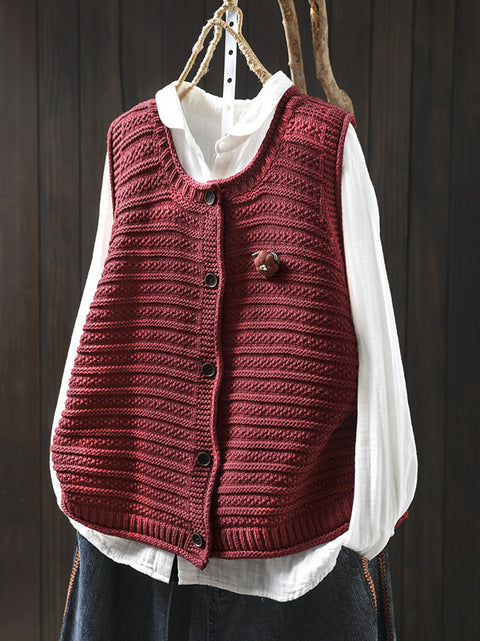 Women Spring Pure Color Knit O-Neck Cardigan Vest