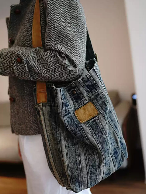 Borsa a tracolla con strisce di denim lavato retrò da donna