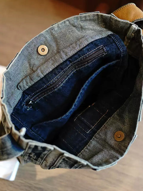 Borsa a tracolla con strisce di denim lavato retrò da donna