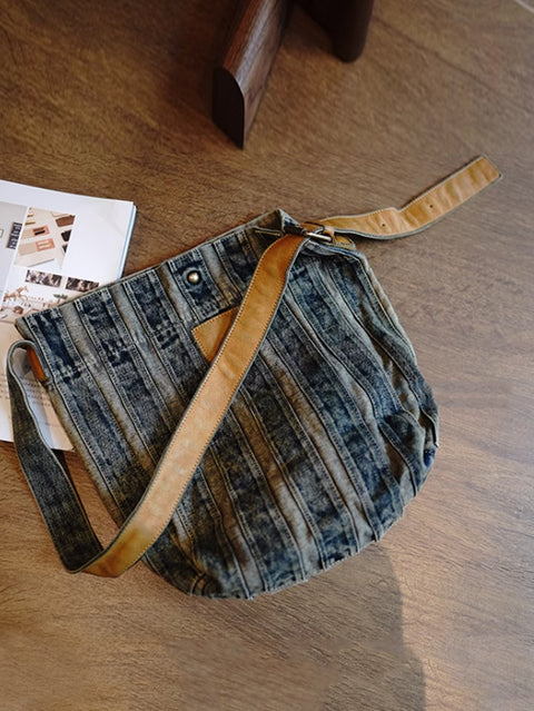 Borsa a tracolla con strisce di denim lavato retrò da donna