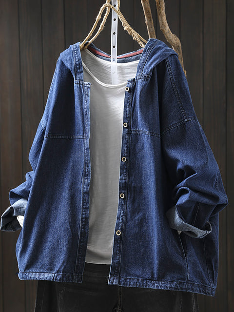 Camicia con cappuccio in denim puro colore primaverile da donna