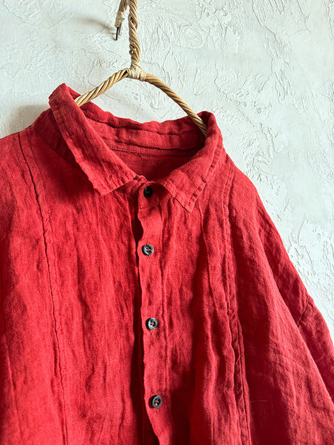 Camicia in lino con colletto rovesciato, colore puro, da donna, primavera