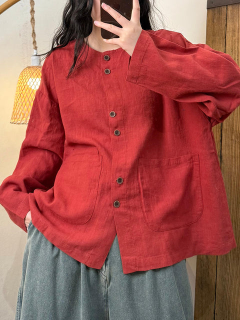 Camicia da donna in lino con scollo a V e colori puri primaverili