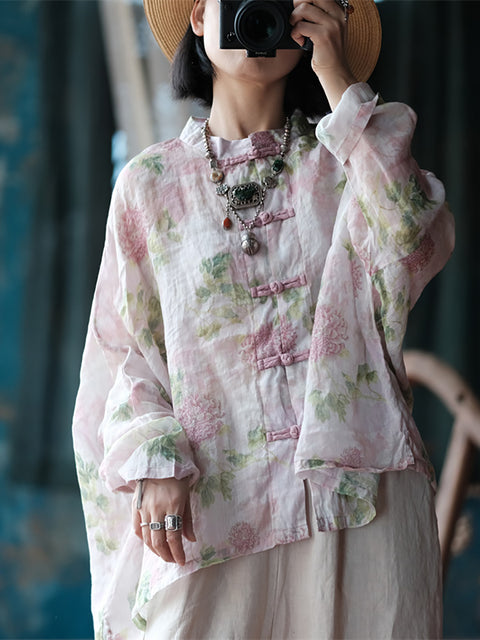 Women Ethnic Spring Flower Stand Collar Linen Shirt