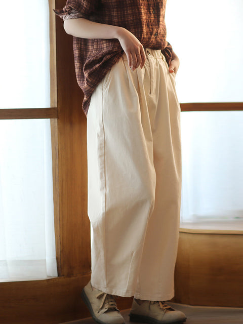 Women Spring Casual Pure Color Cotton Straight Pants