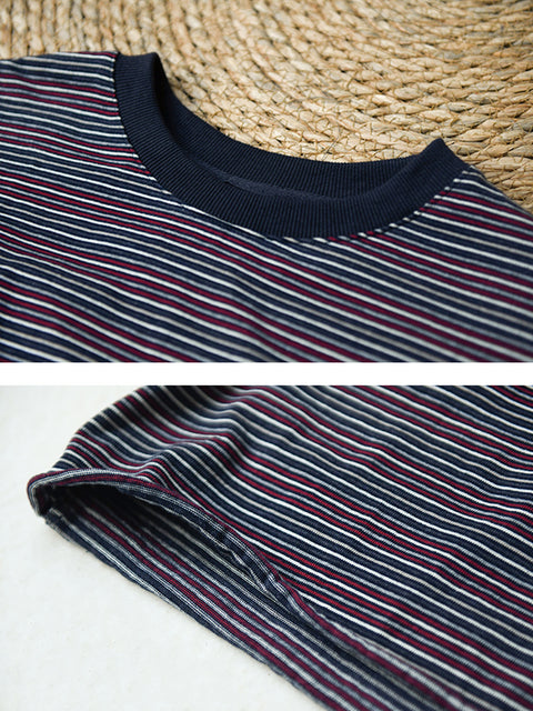 Women Spring 100%Cotton O-Neck Stripe Shirt