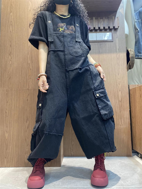 Women Spring Artsy Cotton Raw-edge Loose Jumpsuits