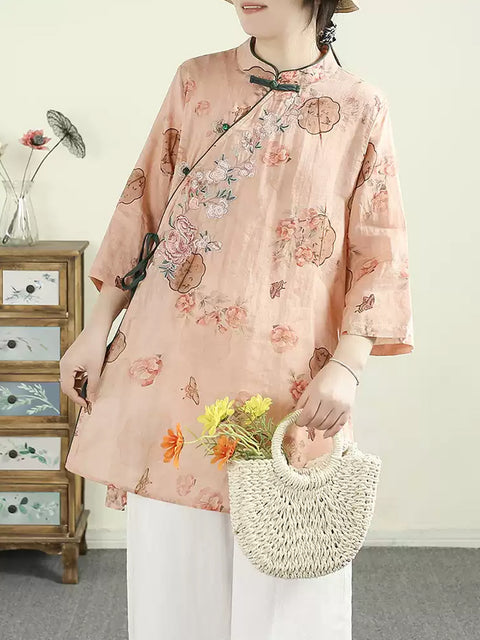 Camicia da donna etnica con colletto alto e fiori primaverili in ramiè