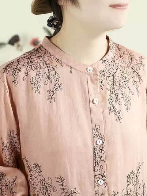 Camicia da donna con colletto alto e fiori primaverili artistici