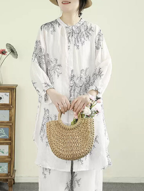 Camicia da donna con colletto alto e fiori primaverili artistici