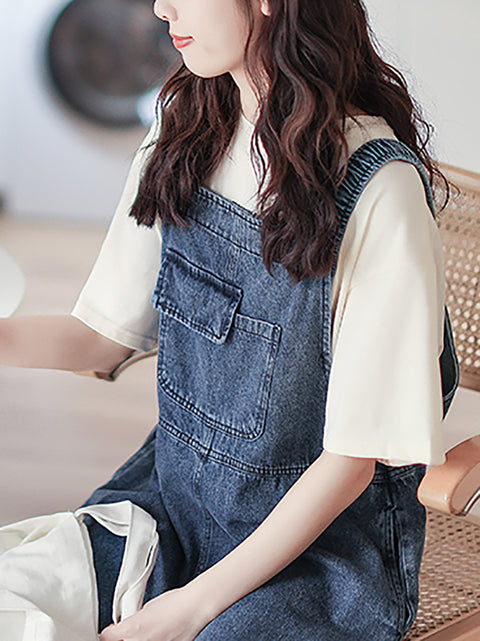 Women Spring Retro Pure Color Denim Jumpsuits