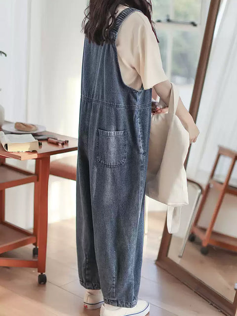 Women Spring Retro Pure Color Denim Jumpsuits