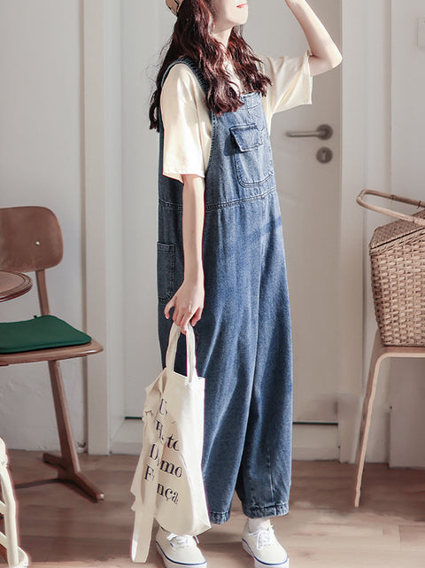 Women Spring Retro Pure Color Denim Jumpsuits