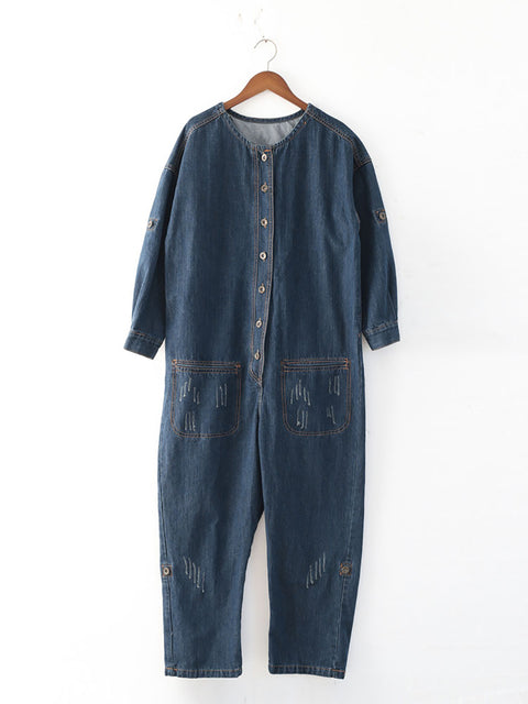 Women Spring Vintage Denim O-Neck Loose Jumpsuits