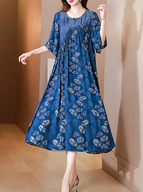 Women Spring Ethnic Floral Spliced O-Neck Loose Dress