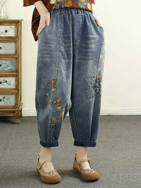 Women Spring Artsy Denim Flower Print Harem Pants