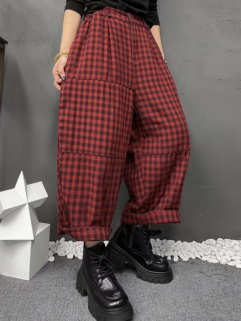 Women Vinage Spring Plaid Harem Pants