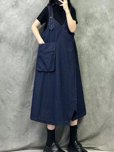 Abito da donna vintage primaverile in denim con scollo a V e bretelle