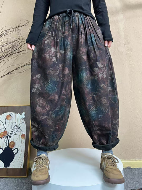 Pantaloni harem arricciati con vita a fiori artistici primaverili da donna