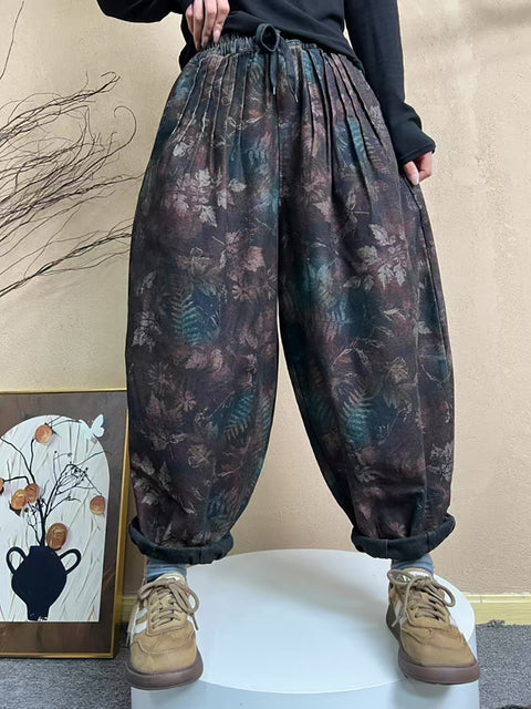 Pantaloni harem arricciati con vita a fiori artistici primaverili da donna