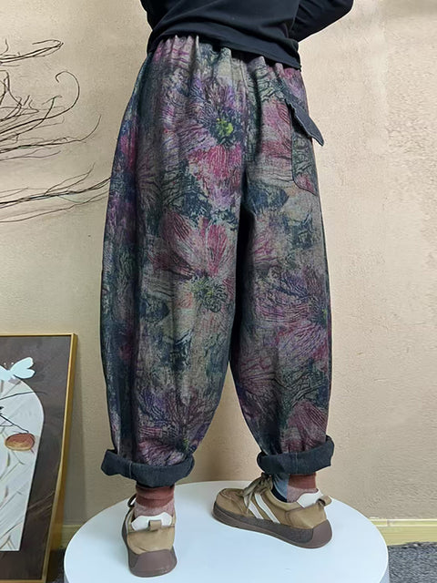 Pantaloni harem arricciati con vita a fiori artistici primaverili da donna