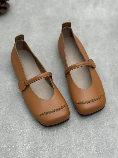 Women Spring Soft Leather Low Heel Square-toe Shoes