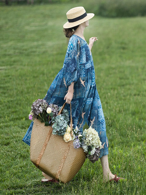 Abito lungo da donna con stampa estiva vintage in ramiè