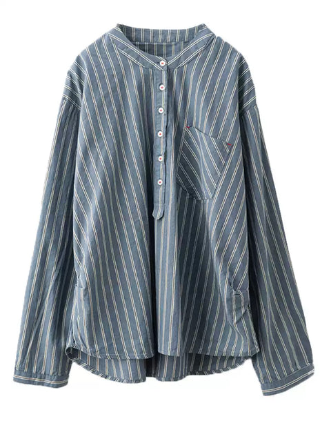 Camicia da donna vintage a righe in cotone con scollo a V primaverile