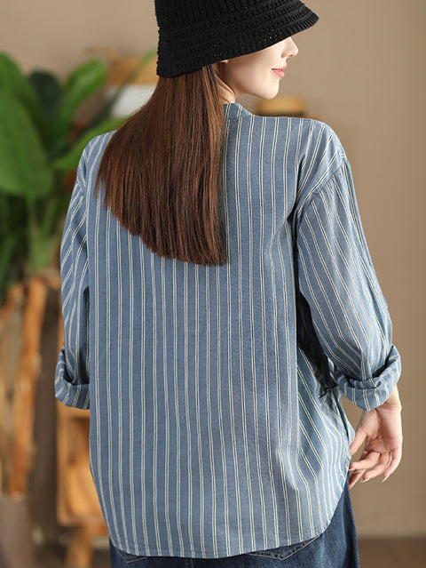 Camicia da donna vintage a righe in cotone con scollo a V primaverile