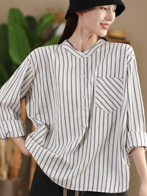 Camicia da donna vintage a righe in cotone con scollo a V primaverile