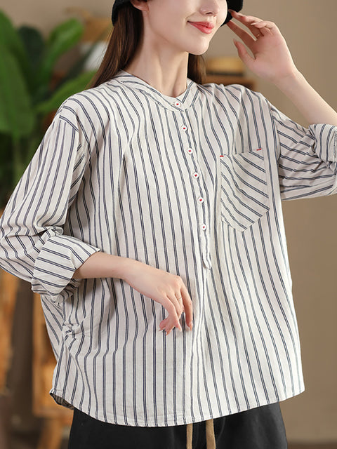 Camicia da donna vintage a righe in cotone con scollo a V primaverile