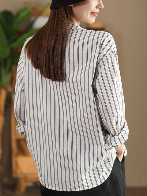 Camicia da donna vintage a righe in cotone con scollo a V primaverile