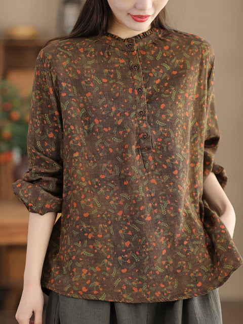 Women Artsy Flower Stand Collar 100%Cotton Shirt