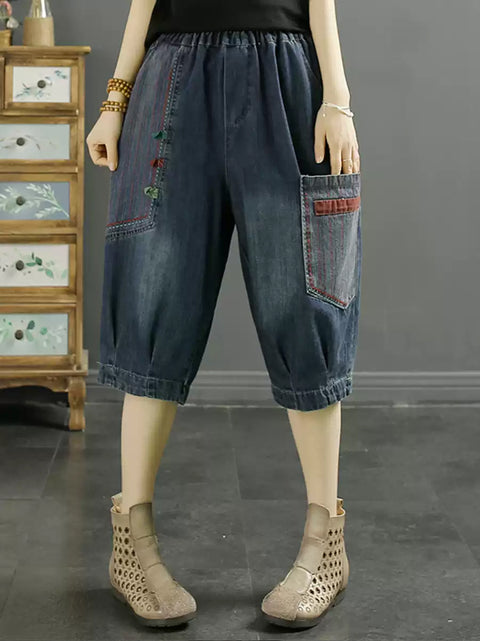 Pantaloni harem in denim con toppe retrò da donna