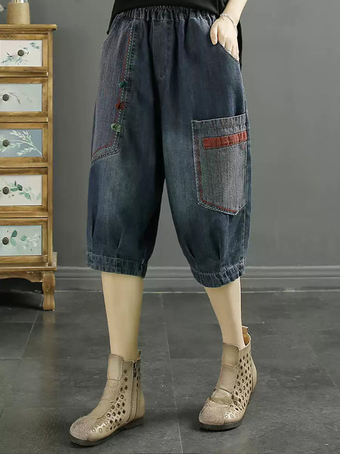 Pantaloni harem in denim con toppe retrò da donna