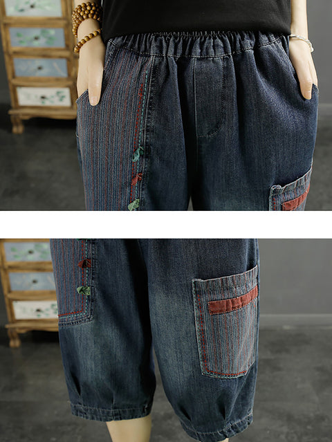 Pantaloni harem in denim con toppe retrò da donna