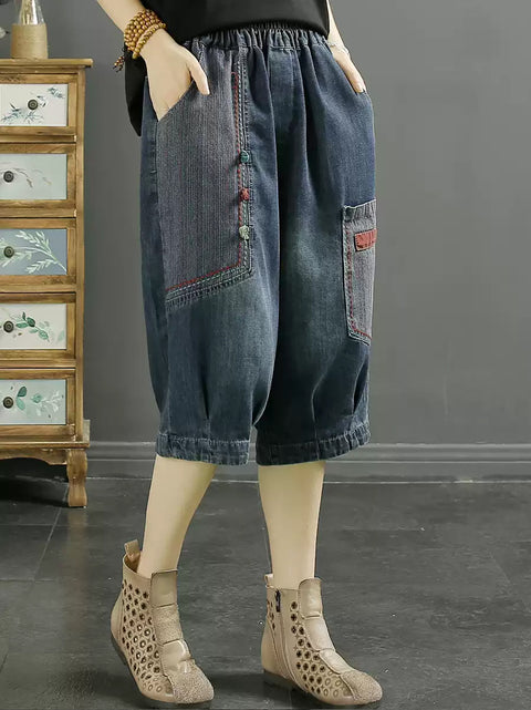 Pantaloni harem in denim con toppe retrò da donna