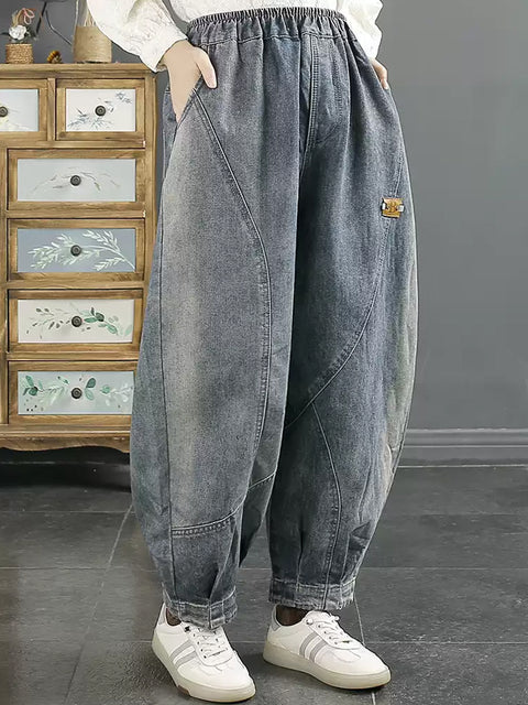 Women Casual Pure Color Denim Spliced Harem Pants